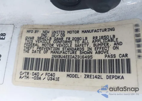 2010 Toyota Corolla Le z USA, uszkodzony, nr VIN 1NXBU4EE0AZ316495